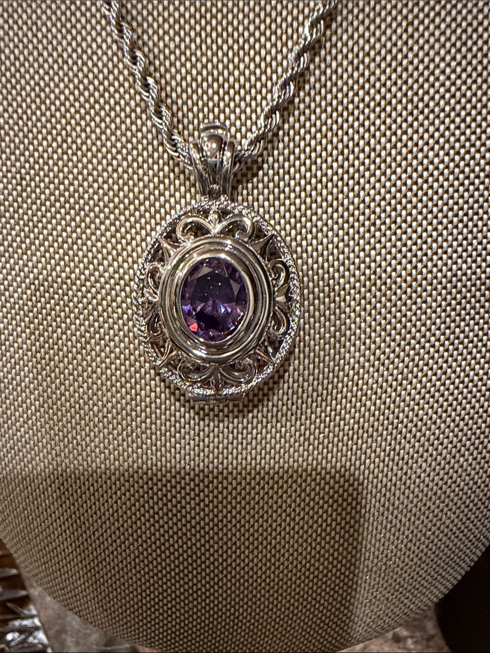 Trifari Silver Pendant Necklace with Purple Amethyst Stone